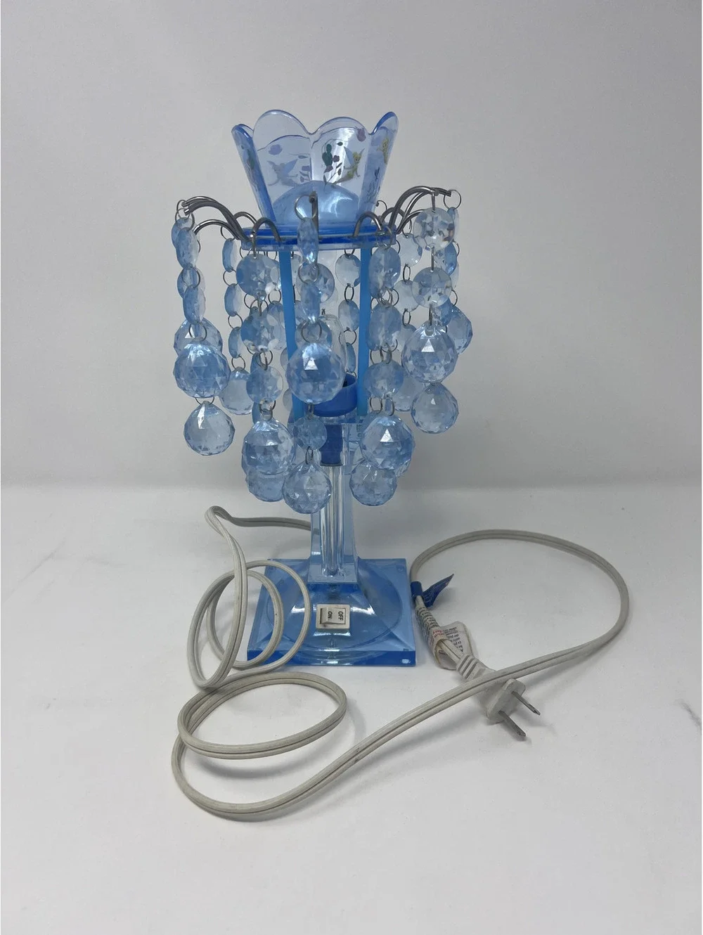Vintage Disney TinkerBell BabyBlue Acrylic Table Lamp W/Dangling Blue Gems-Works
